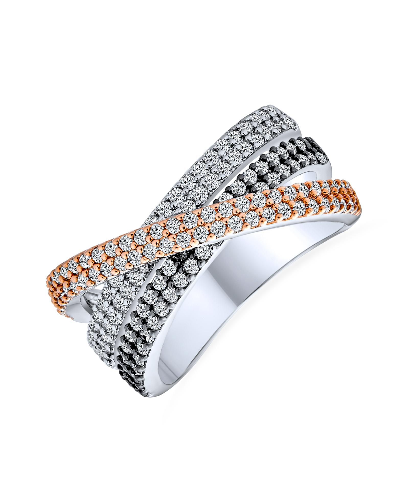 Bling Jewelry Tri Color CZ Criss Cross Triple Eternity Band Ring Black Rose Silver Plated