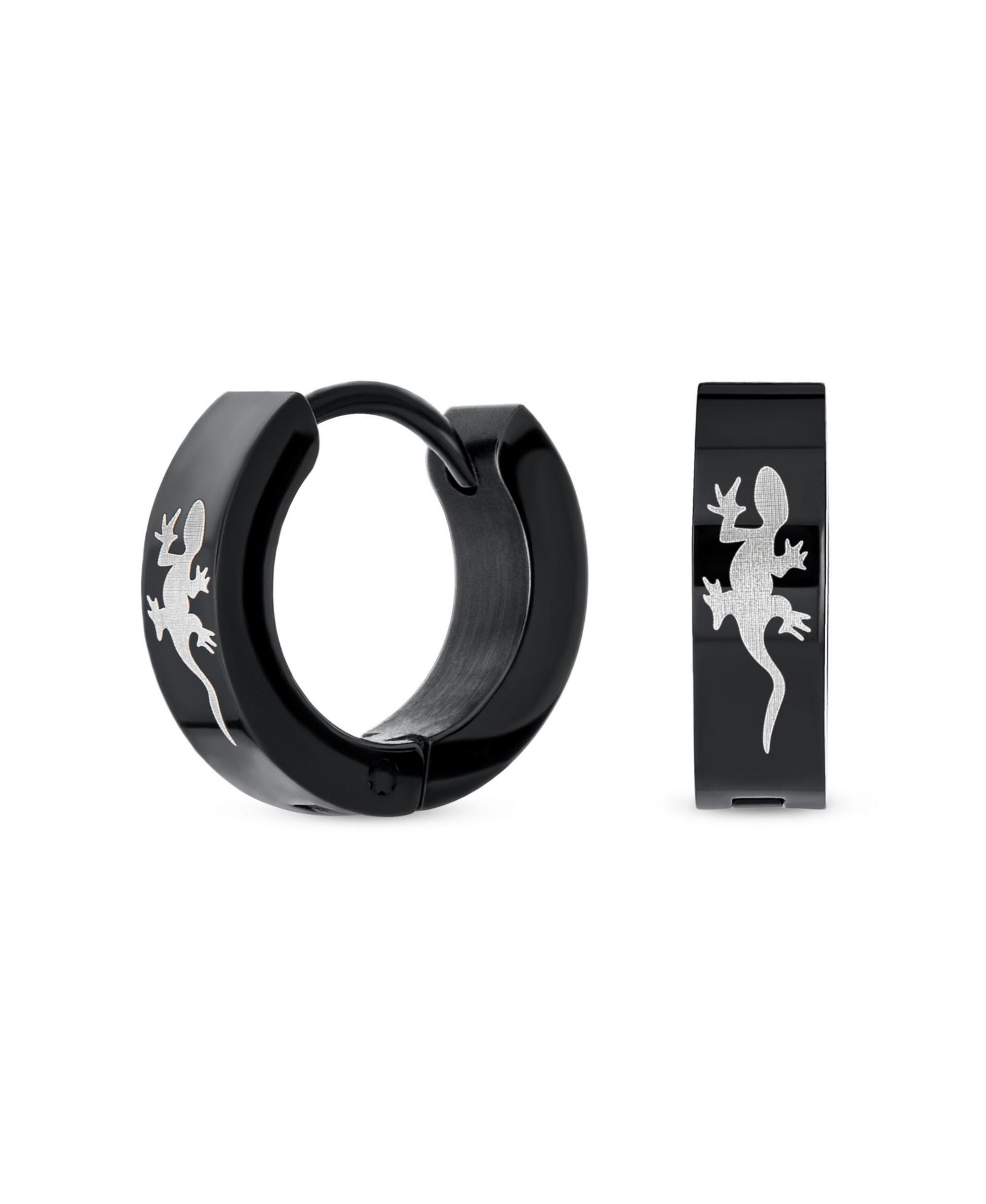 Bling Jewelry Men's Black Gecko Lizard Mini Hoop Huggie Earrings Stainless Steel