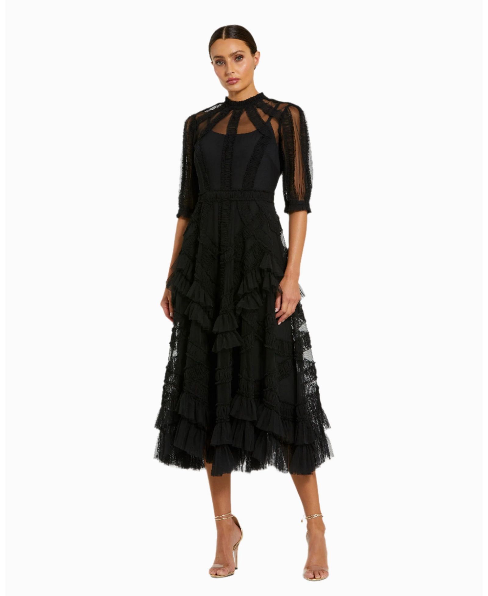 Женское платье Mac Duggal High Neck Puff Sleeve Ruffle Tiered