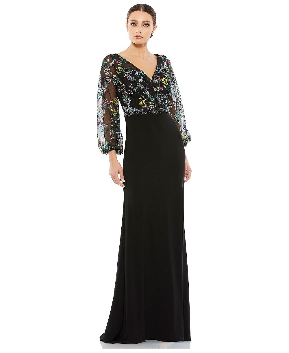 Mac Duggal Women's Embroidered Illusion Puff Sleeve Column Gown