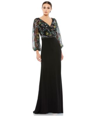 Mac Duggal Women's Embroidered Illusion Puff Sleeve Column Gown