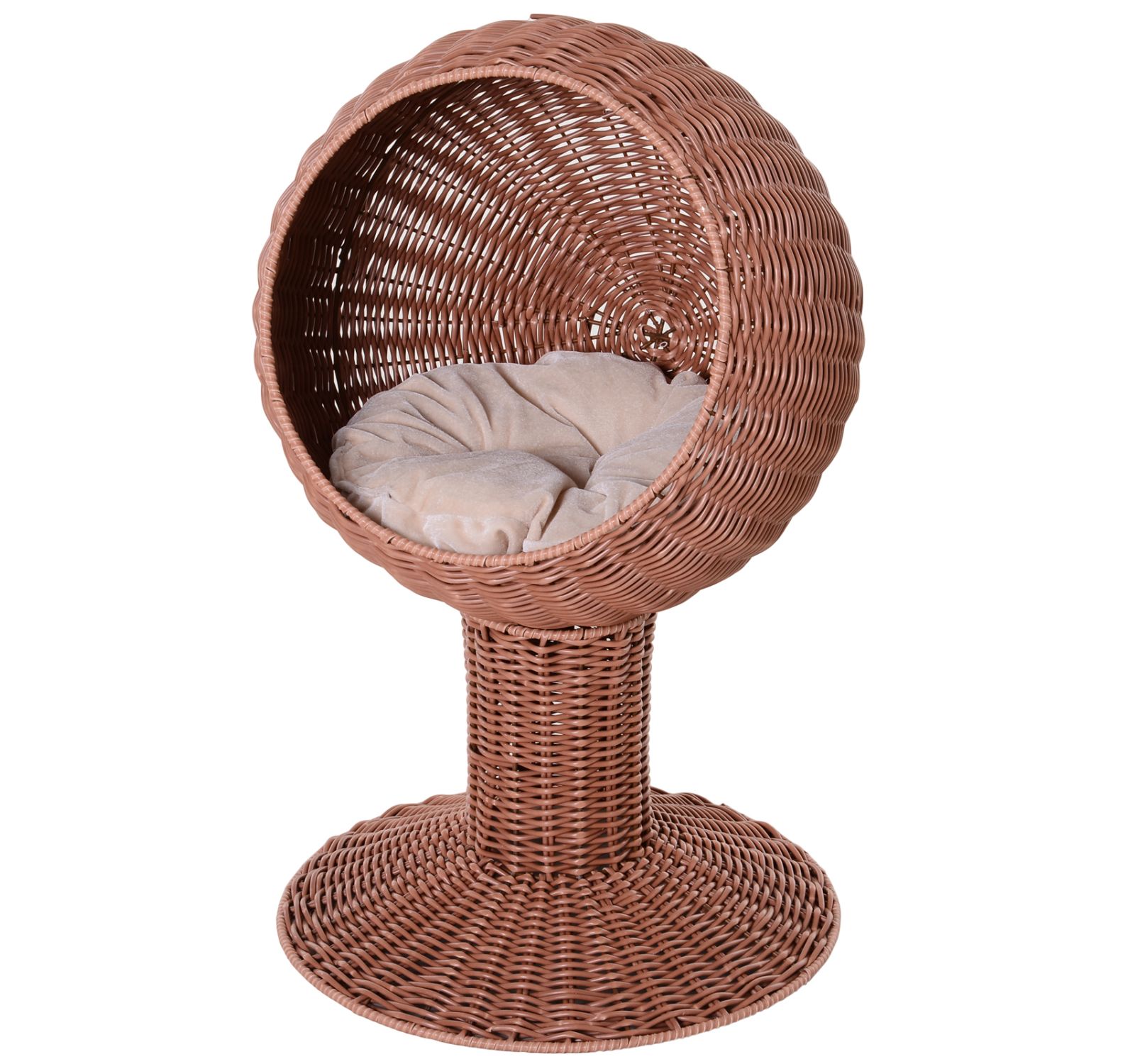 Elevated Cat Bed with Rotatable Egg Chair Pod, Cat Basket Bed with Thick Cushion, Natural Mat Grass Woven Kitty House, Brown