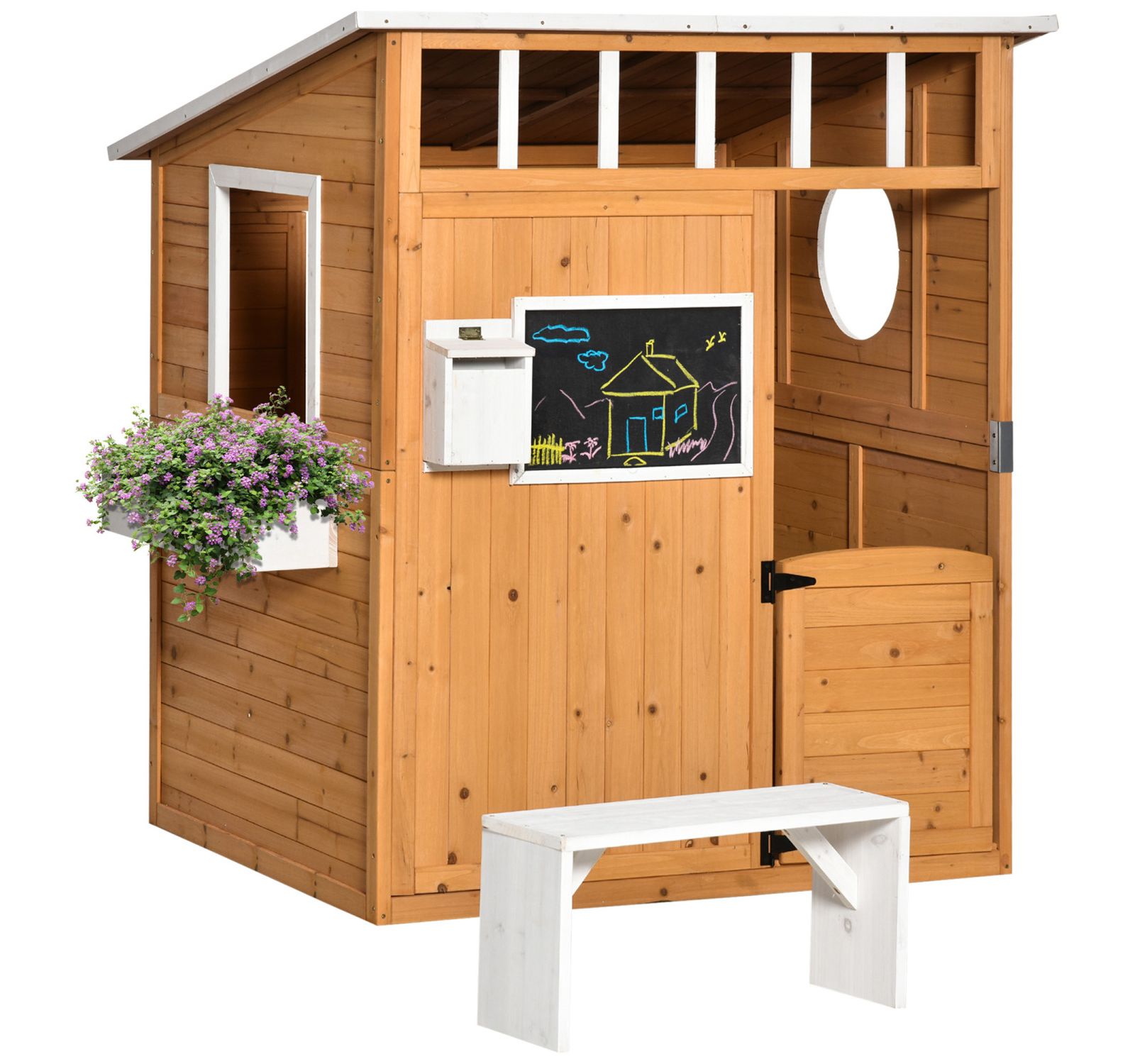 Streamdale Furniture деревянный игровой домик для детей на улице с дверью, окнами, почтовым ящиком и скамейкой, 48" x 42.5" x 53"