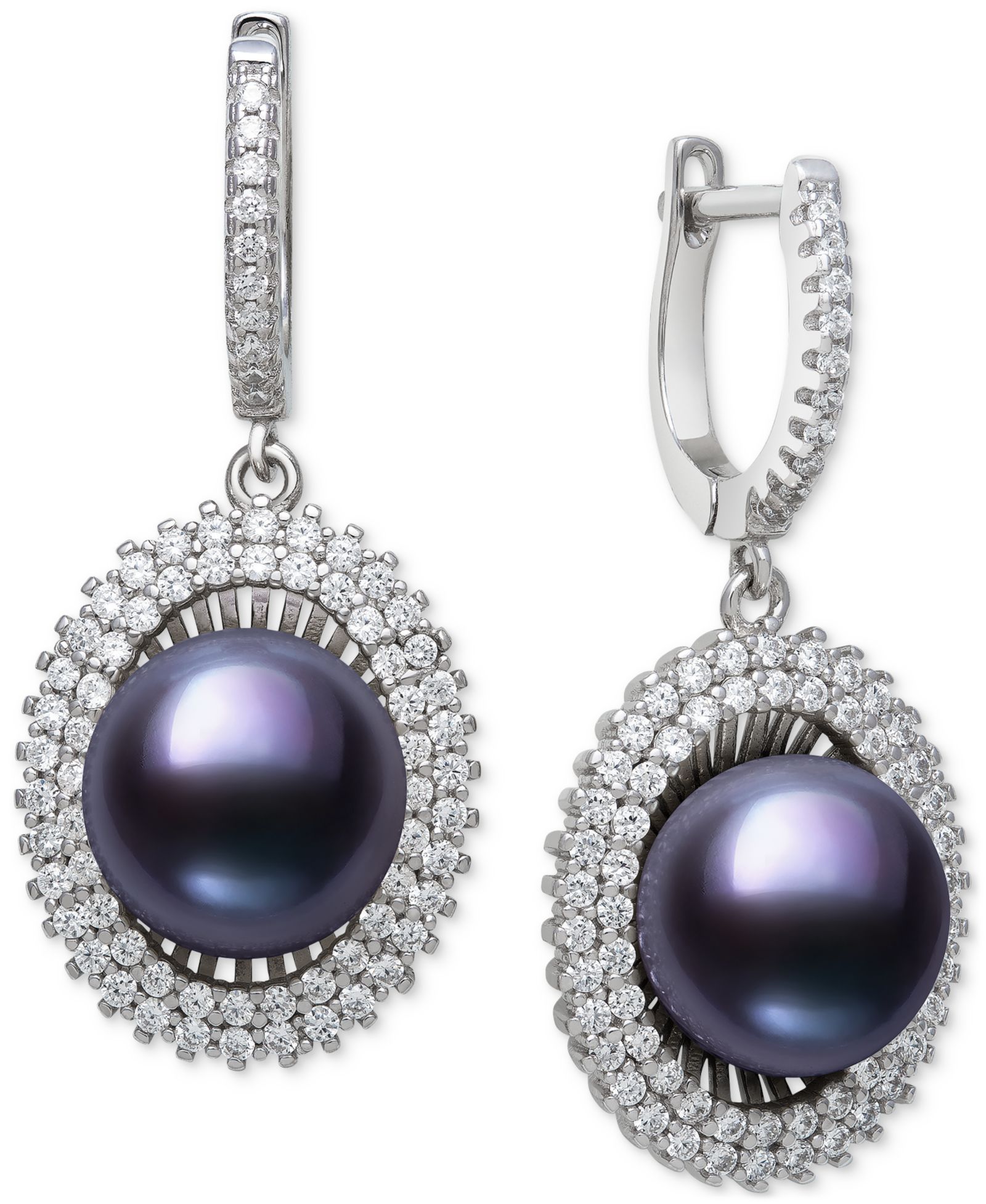 Belle de Mer Peacock Black Cultured Freshwater Pearl & Cubic Zirconia Halo Drop Earrings in Sterling Silver (Also in White Cultured Freshwater Pearl)