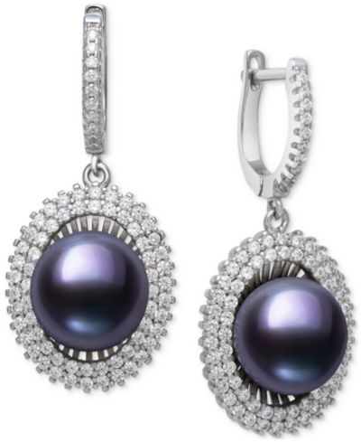 Belle de Mer Peacock Black Cultured Freshwater Pearl & Cubic Zirconia Halo Drop Earrings in Sterling Silver (Also in White Cultured Freshwater Pearl)