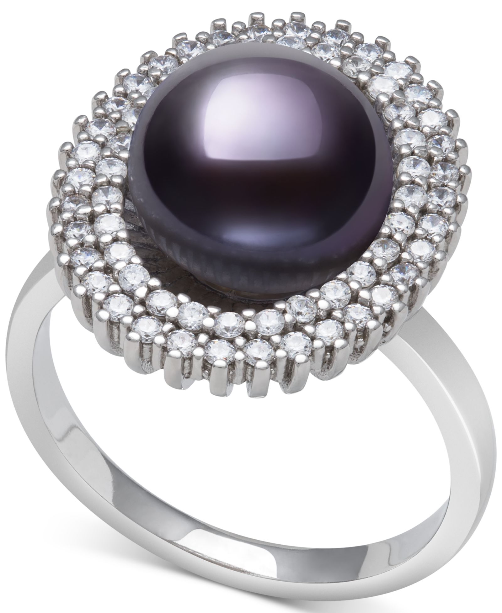 Belle de Mer Peacock Black Cultured Freshwater Pearl (10mm) & Cubic Zirconia Halo Ring in Sterling Silver (Also in White Cultured Freshwater Pearl)