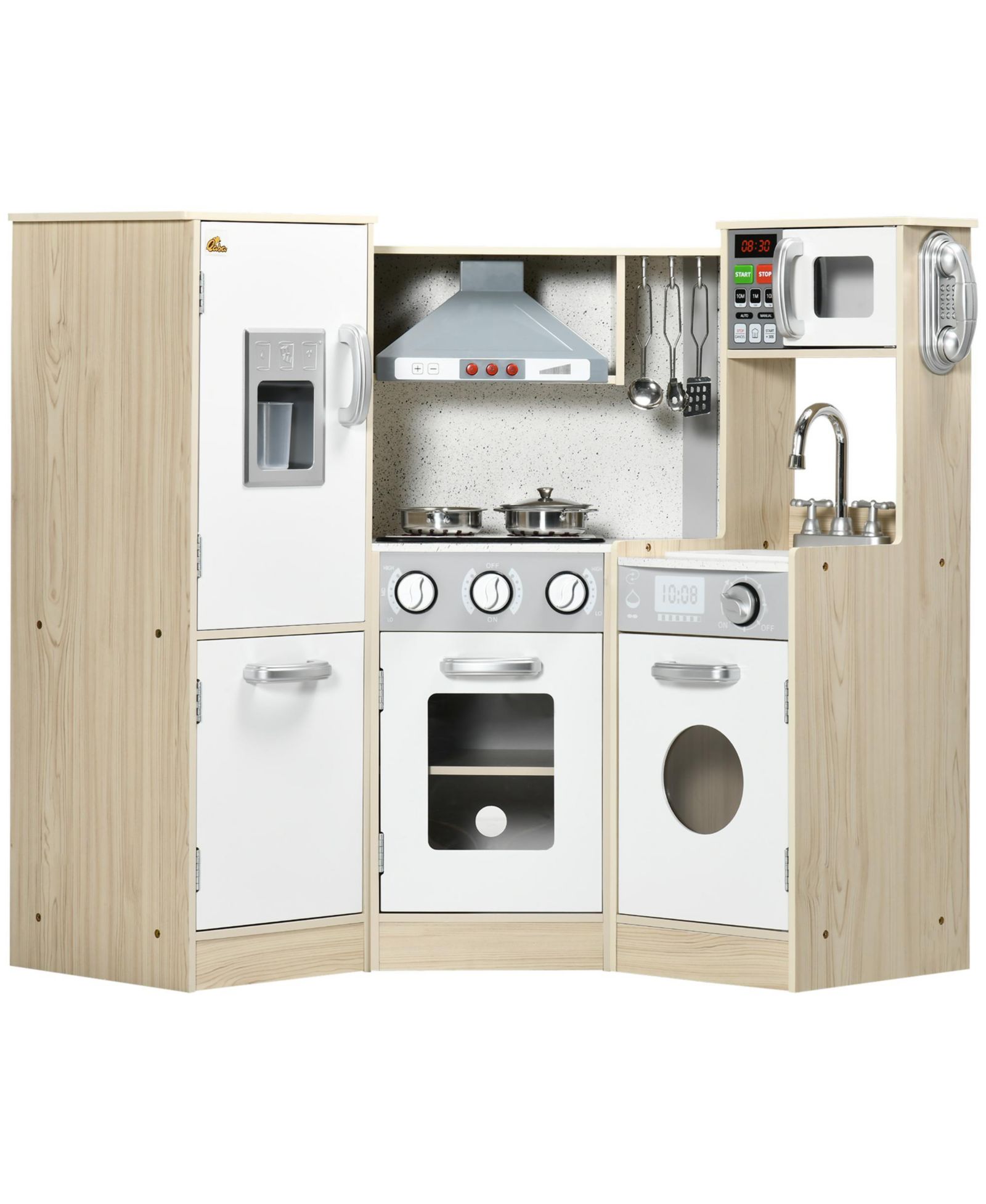 Игровой набор для кухни Streamdale Furniture Ultra-Big Corner Kids с эффектами звука, деревянная кухня с игрушками из нержавеющей стали, развивающая игрушка для детей 3-6 лет с телефоном и льдогенератором