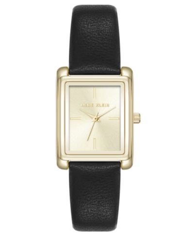 Anne Klein Женские кварцевые прямоугольные часы из черной искусственной кожи и золотистого сплава, 24mm