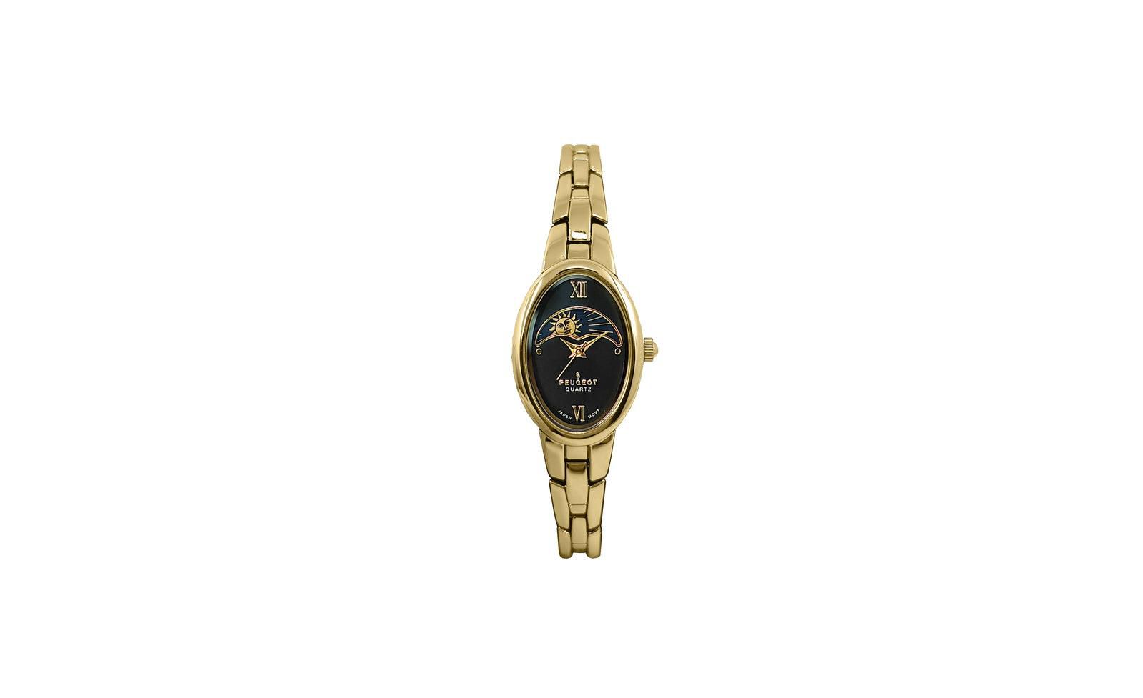 Peugeot Women's Gold 30x25mm Sun Moon Dial Link Bracelet Watch with Black Dial