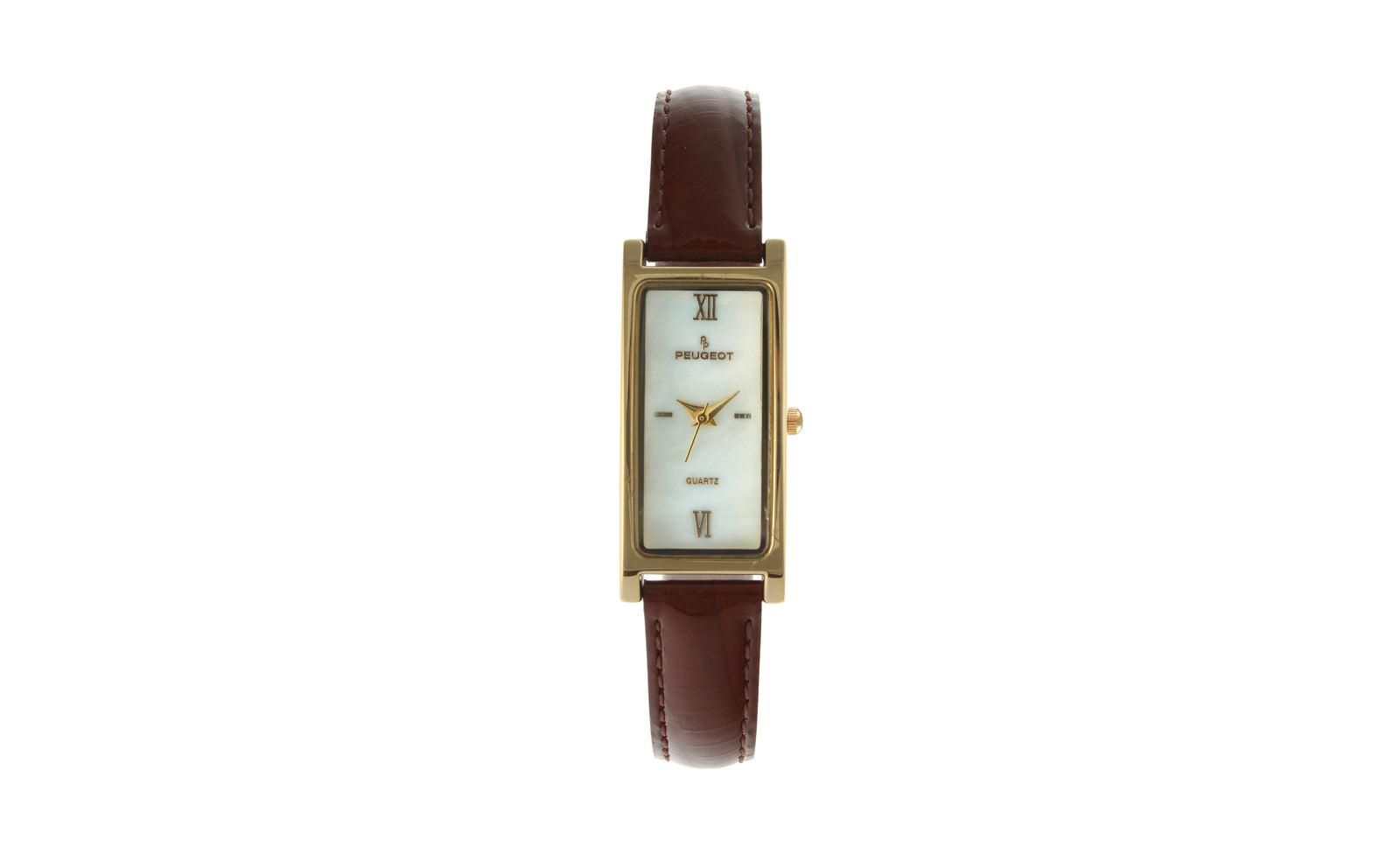 Peugeot Women's Rectangular Gold-Tone Case Watch Glossy Brown Leather Strap
