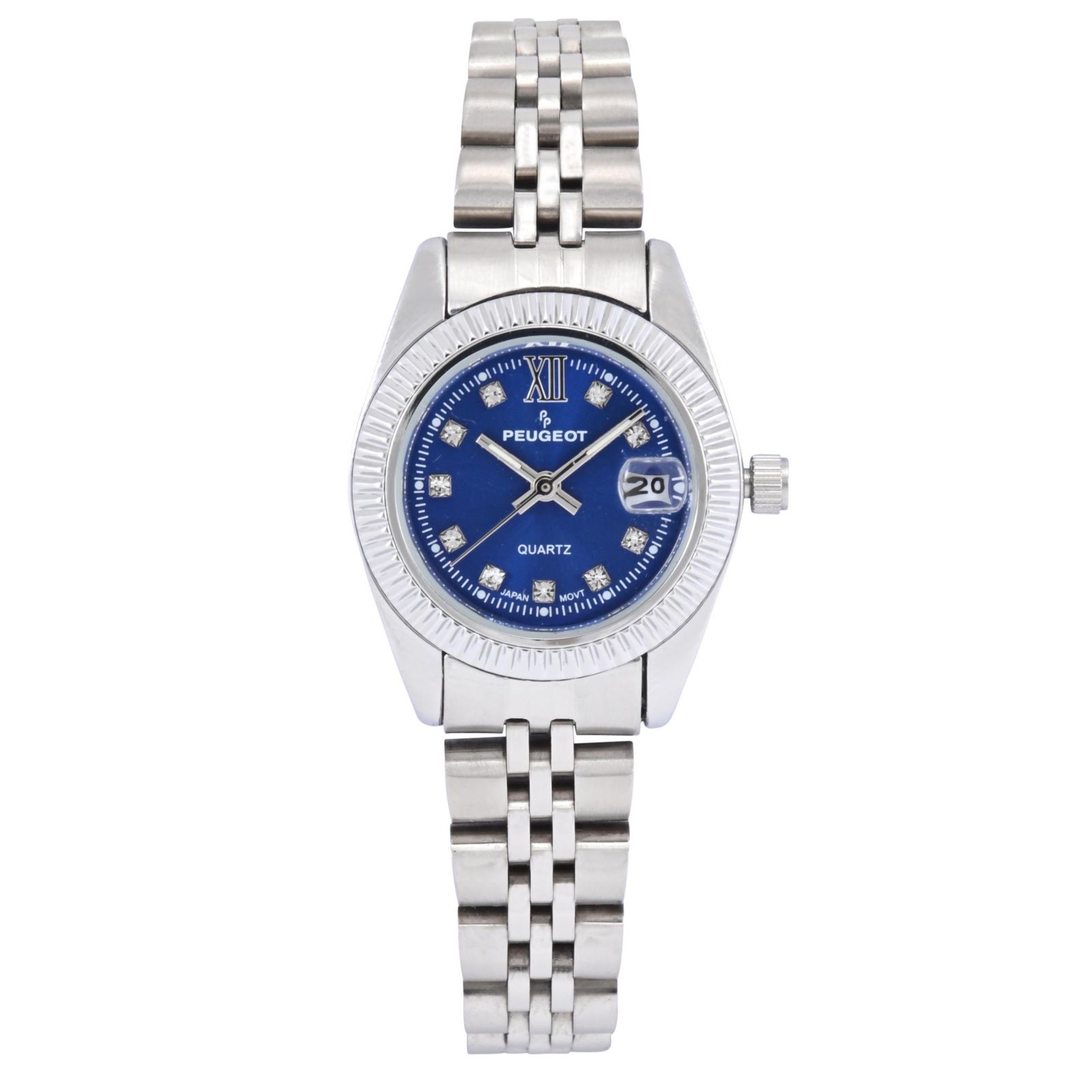 Женские часы Peugeot Silver-Tone 25mm Fluted Bezel Steel Bracelet with Blue Dial