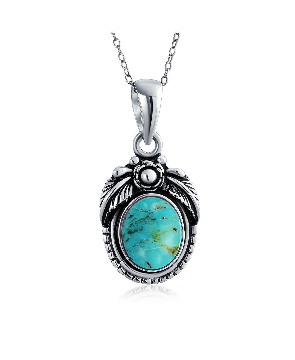 Bling Jewelry Southwest Oval Gemstone Turquoise Leaf Pendant Necklace 925 Sterling Silver