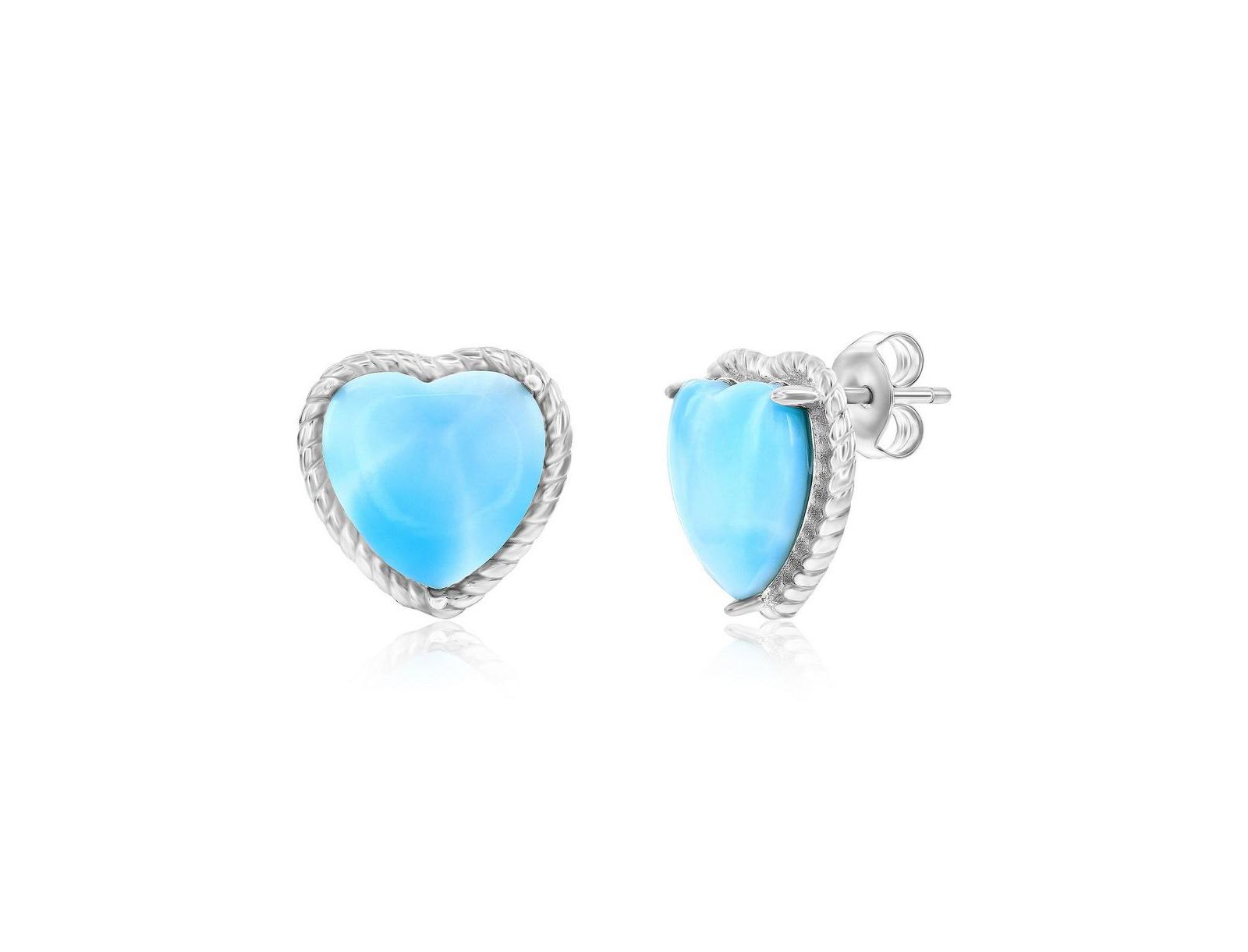 Caribbean Treasures Sterling Silver, Larimar Heart, Rope Design Studs
