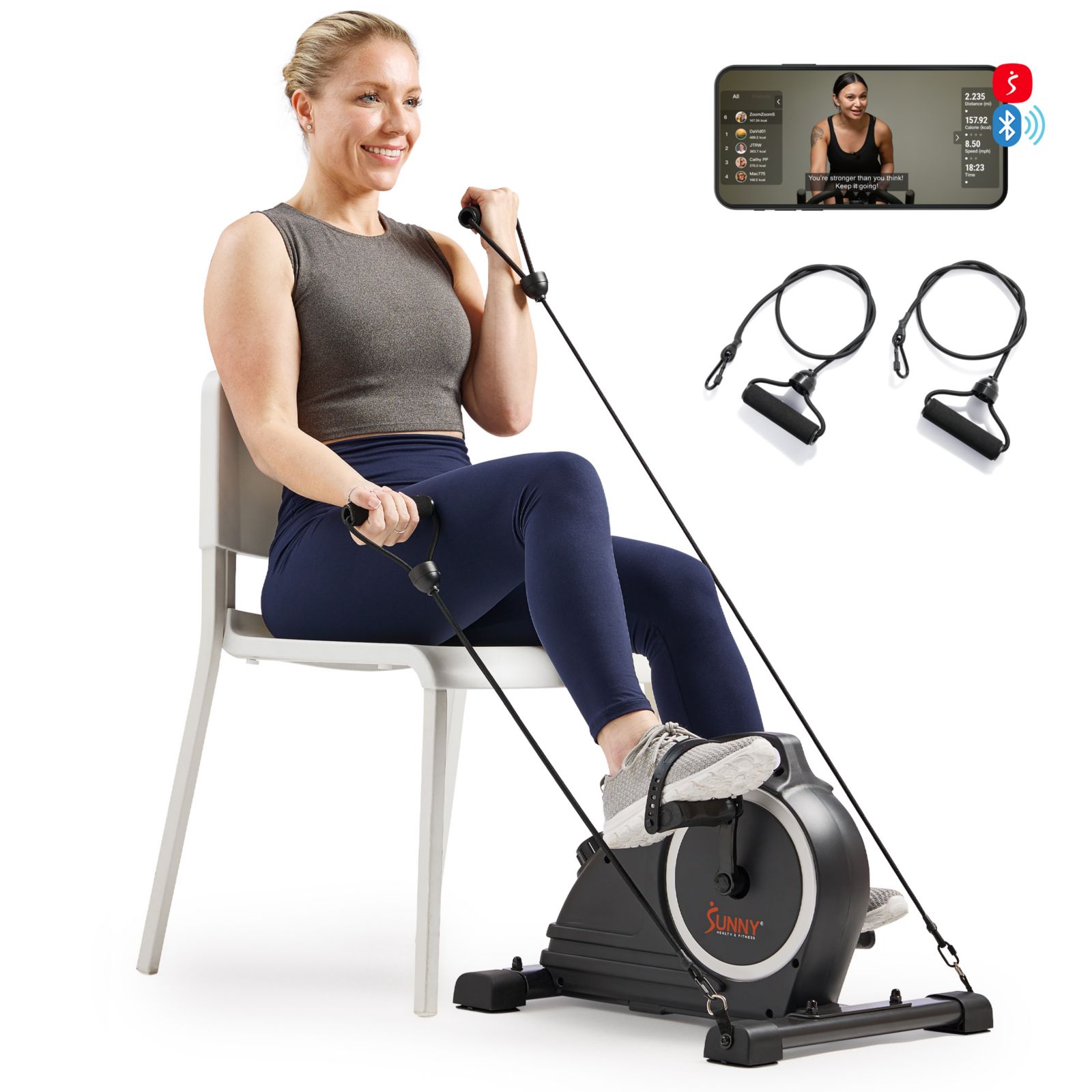 Sunny Health & Fitness Magnetic Compact Under-Desk Mini Pedal Exercise Bike w/Resistance Bands & Free SunnyFit App Connectivity