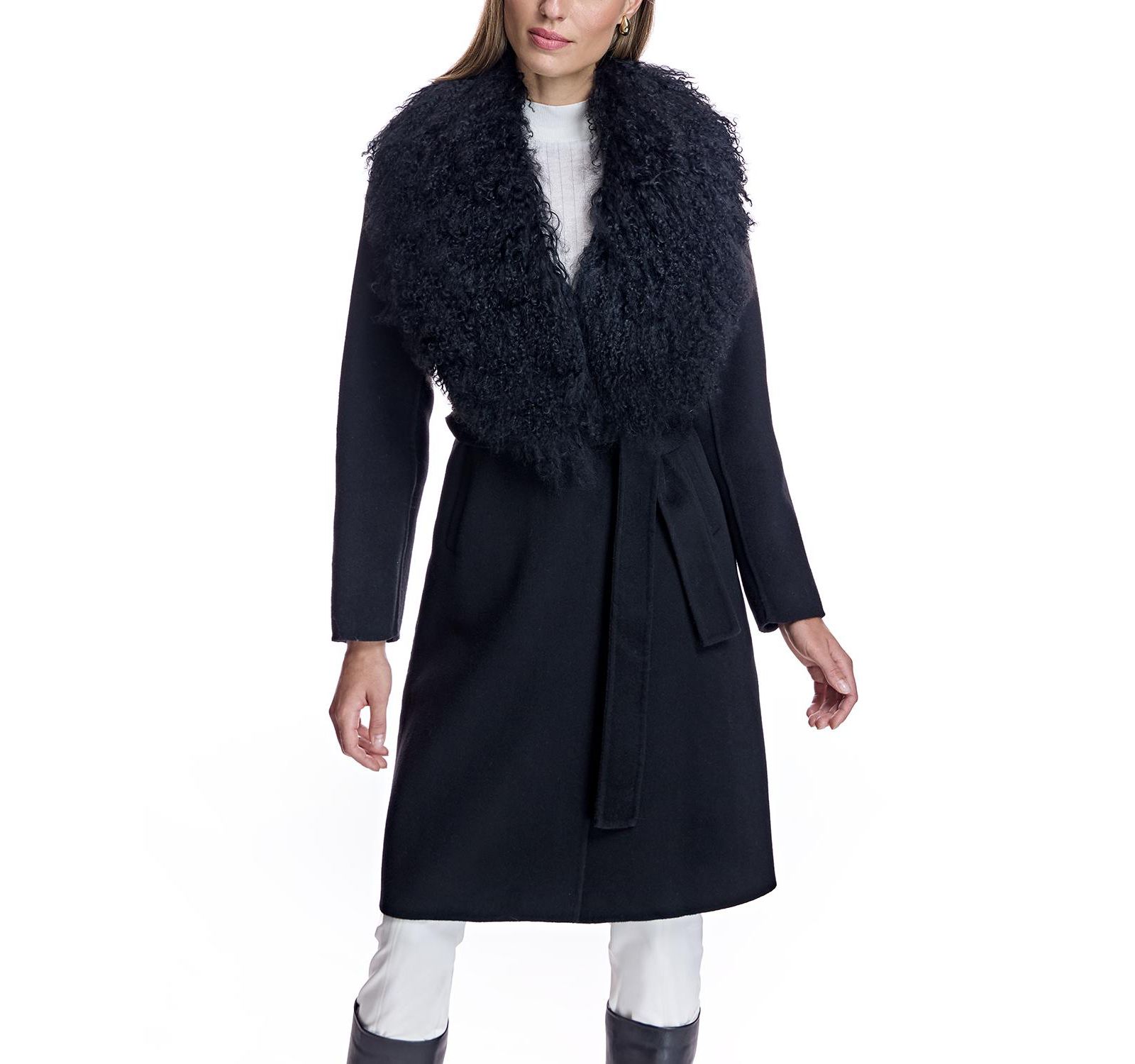 Julia & Stella by Maximilian Women's Wool Wrap Coat With Shearling Trim