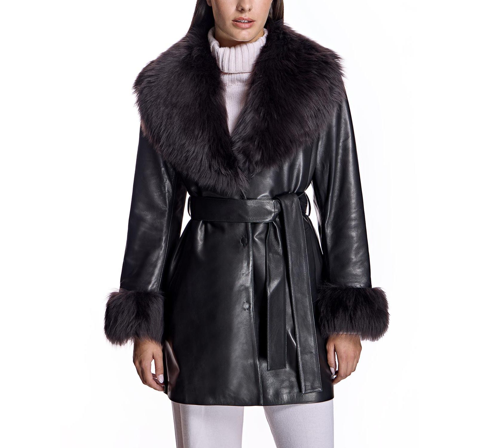 Julia & Stella by Maximilian Women's Wrap Coat with Shearling Trim