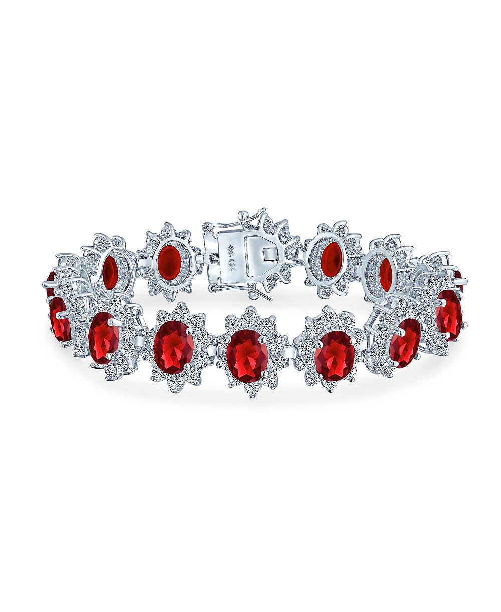 Bling Jewelry Crown Halo Red Oval CZ Cocktail Statement Bracelet Silver Plated 7.5 Inch