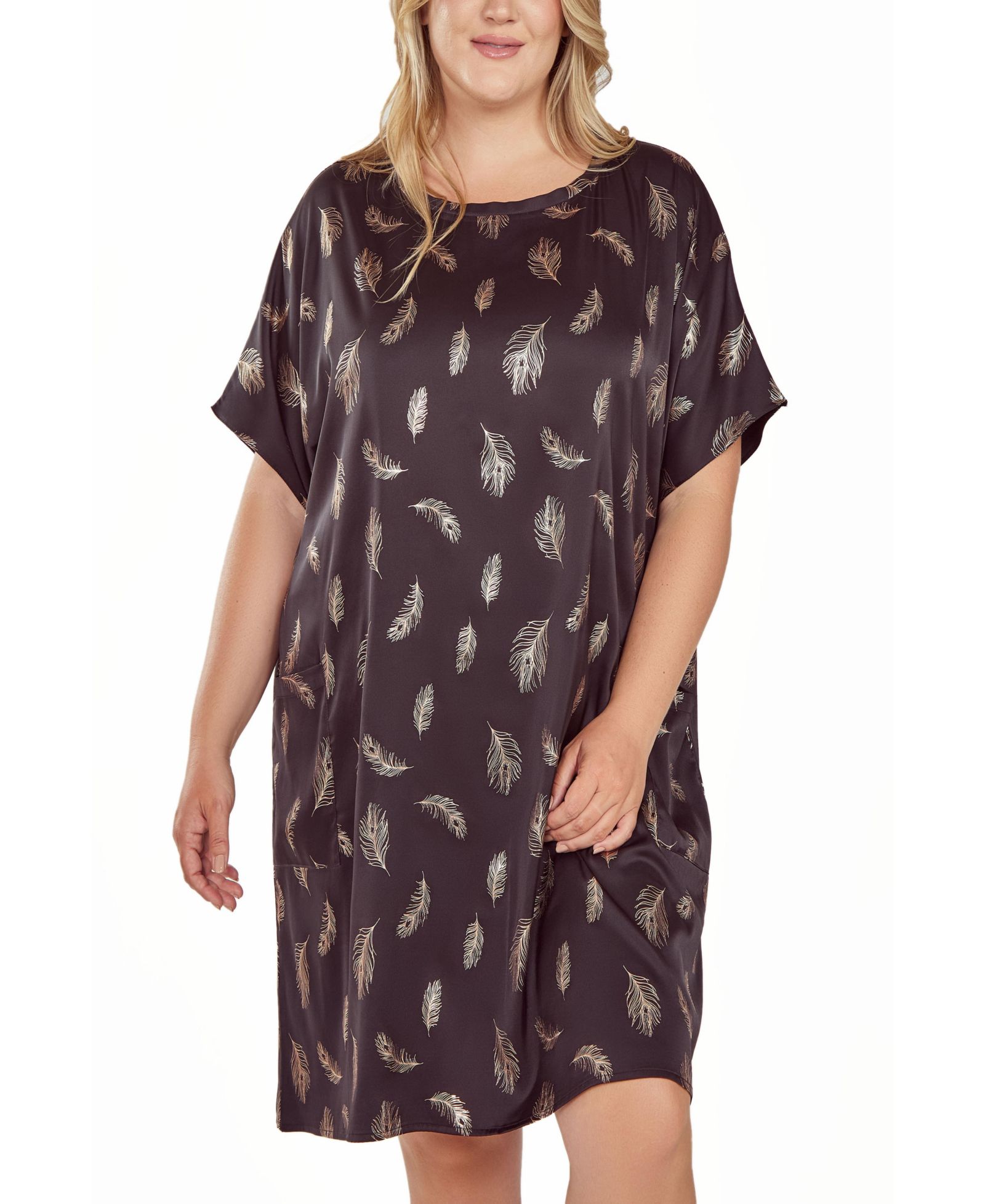 iCollection Plus Size Silky Pocket Shift Sleepshirt Nightgown in Feather Print