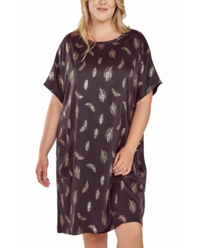 iCollection Plus Size Silky Pocket Shift Sleepshirt Nightgown in Feather Print