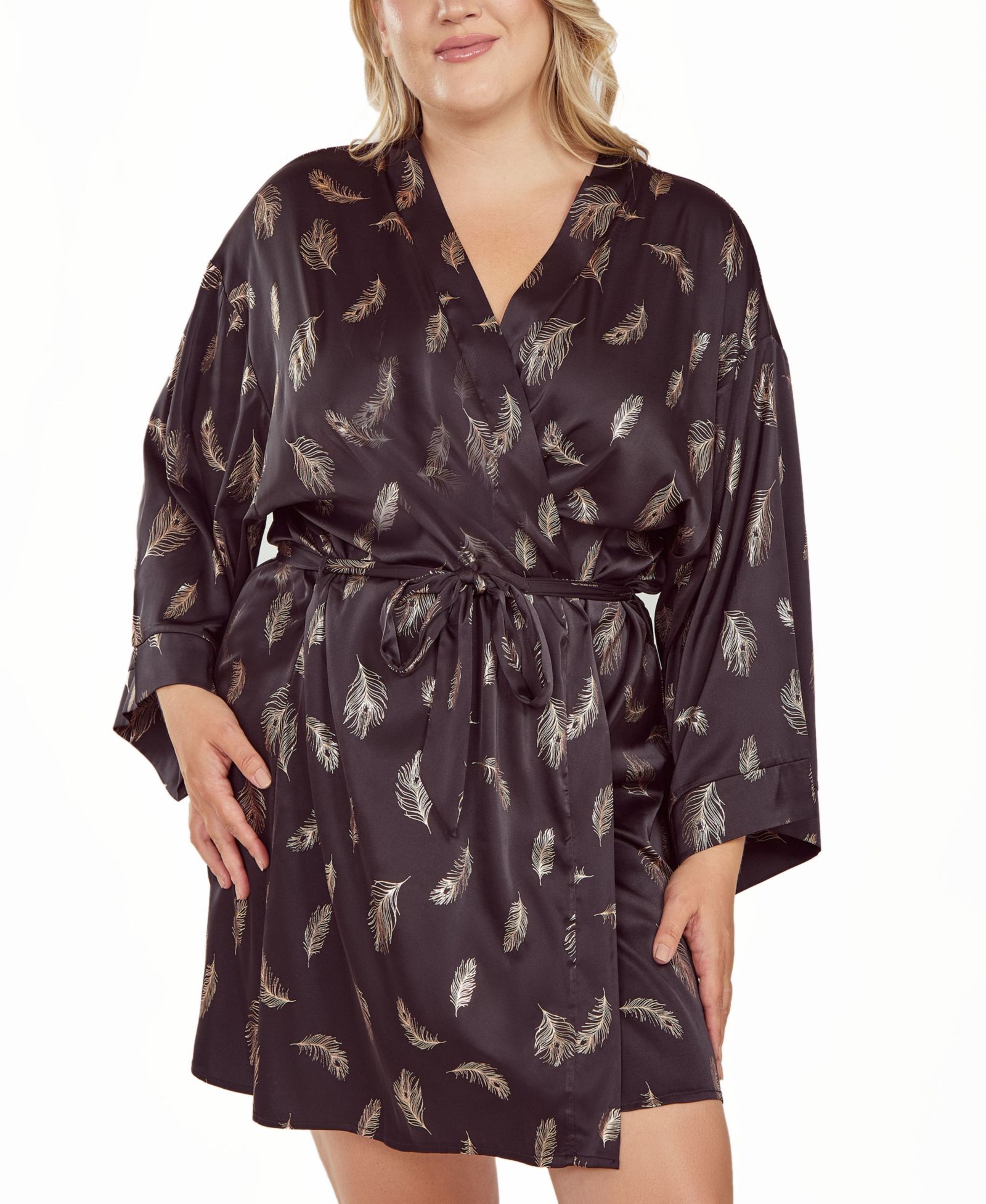 iCollection Plus Size Silky Self Tie Robe in Feather Print