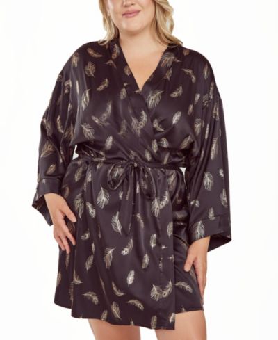iCollection Plus Size Silky Self Tie Robe in Feather Print