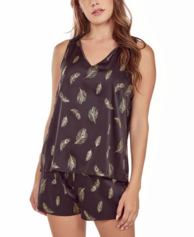 iCollection Women's Silky Tank Pajama Set in Feather Print
