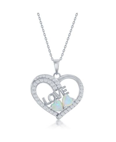 Caribbean Treasures Sterling Silver Synthetic Opal & CZ, Heart & Love Pendant