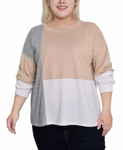Топ NY Collection Plus Size Long Sleeve Color Blocked Pullover