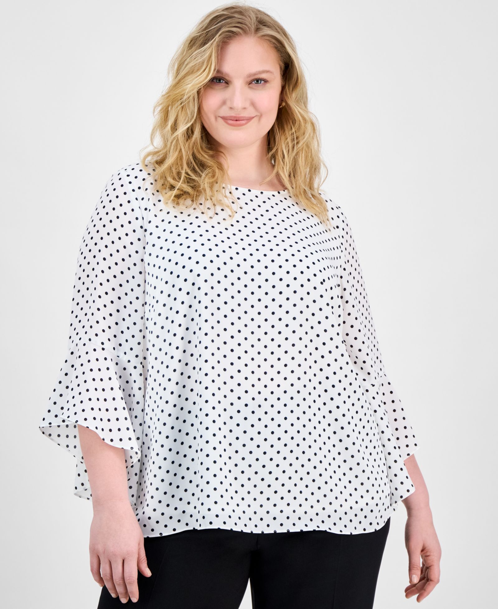 Блузка Kasper Plus Size в горошек с рюшами на рукавах