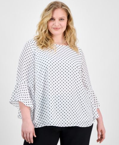 Блузка Kasper Plus Size в горошек с рюшами на рукавах
