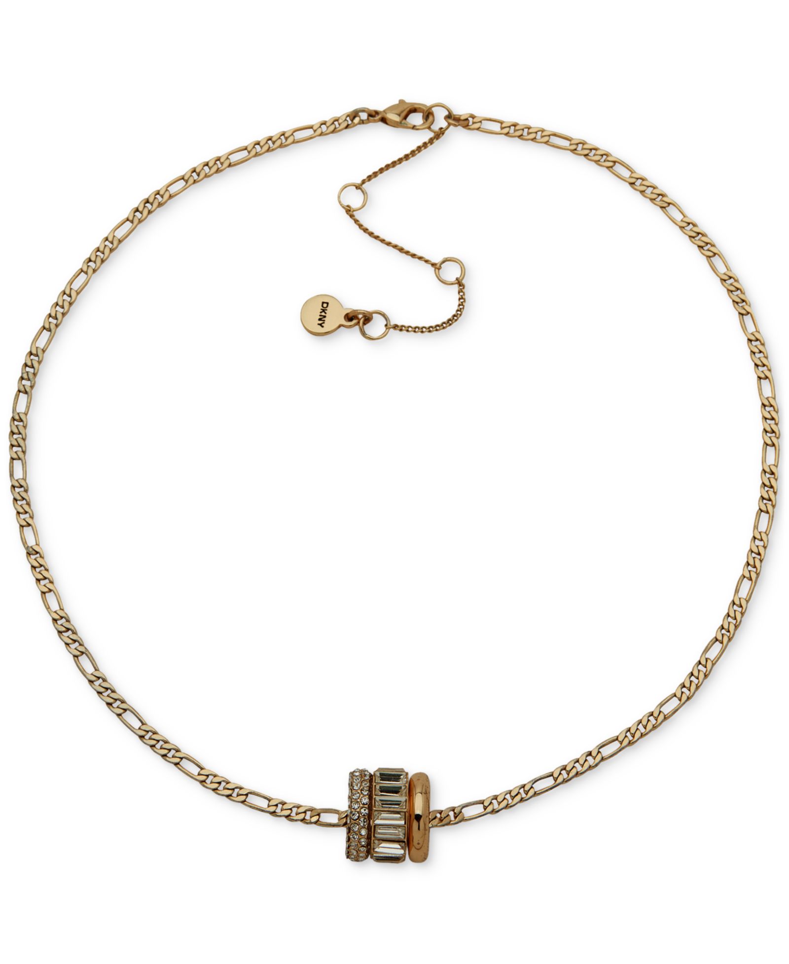 DKNY Gold-Tone Crystal Pavé, Baguette & Polished Rondelle Figaro Link Pendant Necklace, 16" + 3" extender