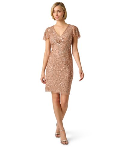Женское платье Adrianna Papell Embellished V-Neck Flutter-Sleeve Sheath
