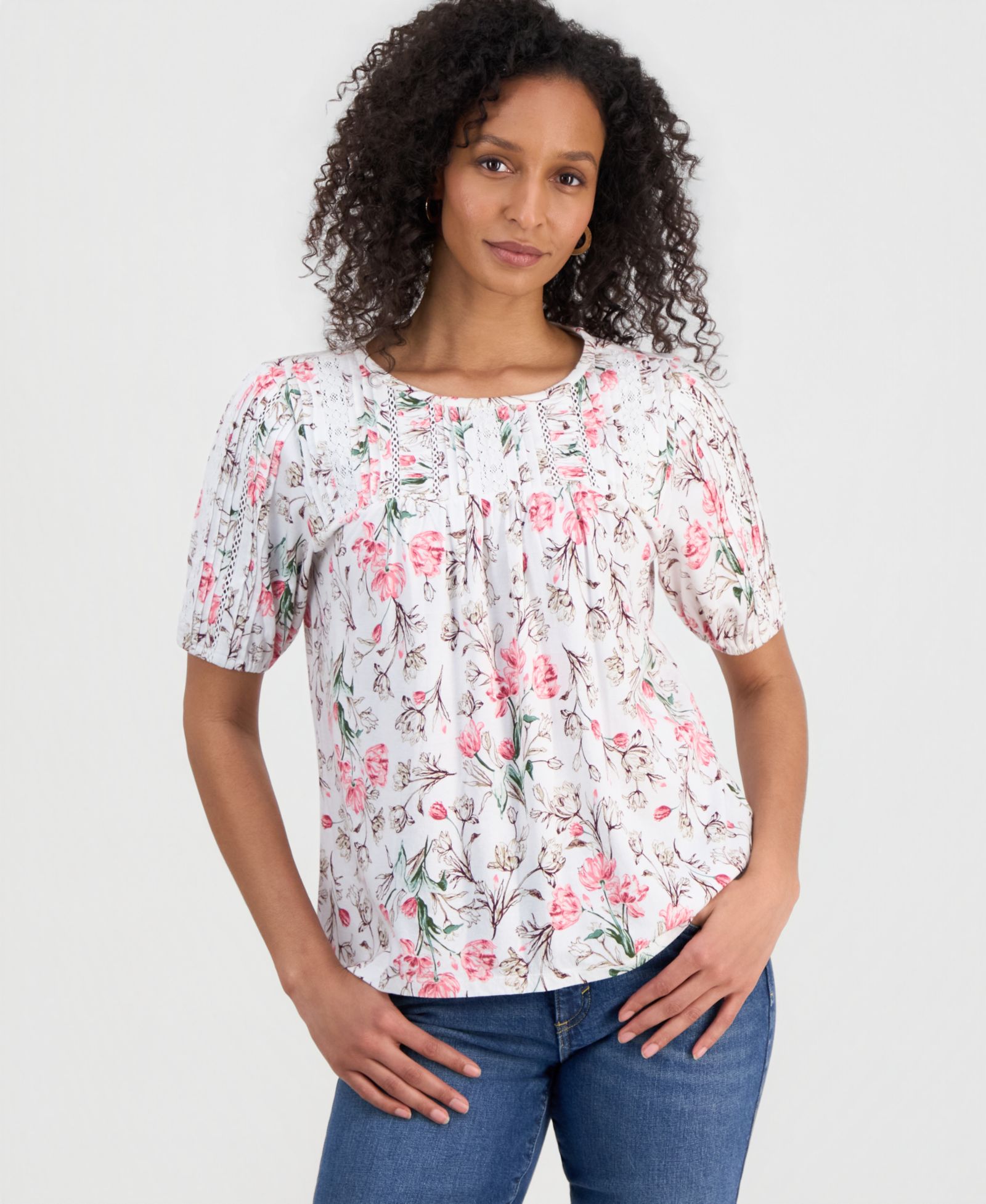 Style & Co Petite Printed Lace Trim Cotton Short-Sleeve Blouse, Exclusively at Macy's
