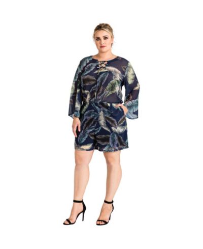 Ромпер Standards & Practices Plus Size Tropical Leaf Bell Sleeve Lace-Up