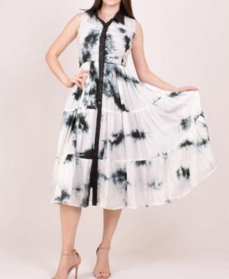 RAAS Women's Hand Tie-Dye Tiered Button Midi Dress