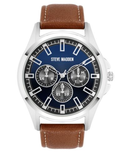 Мужские часы Steve Madden Signature Blue and Brown Faux Leather, 45mm