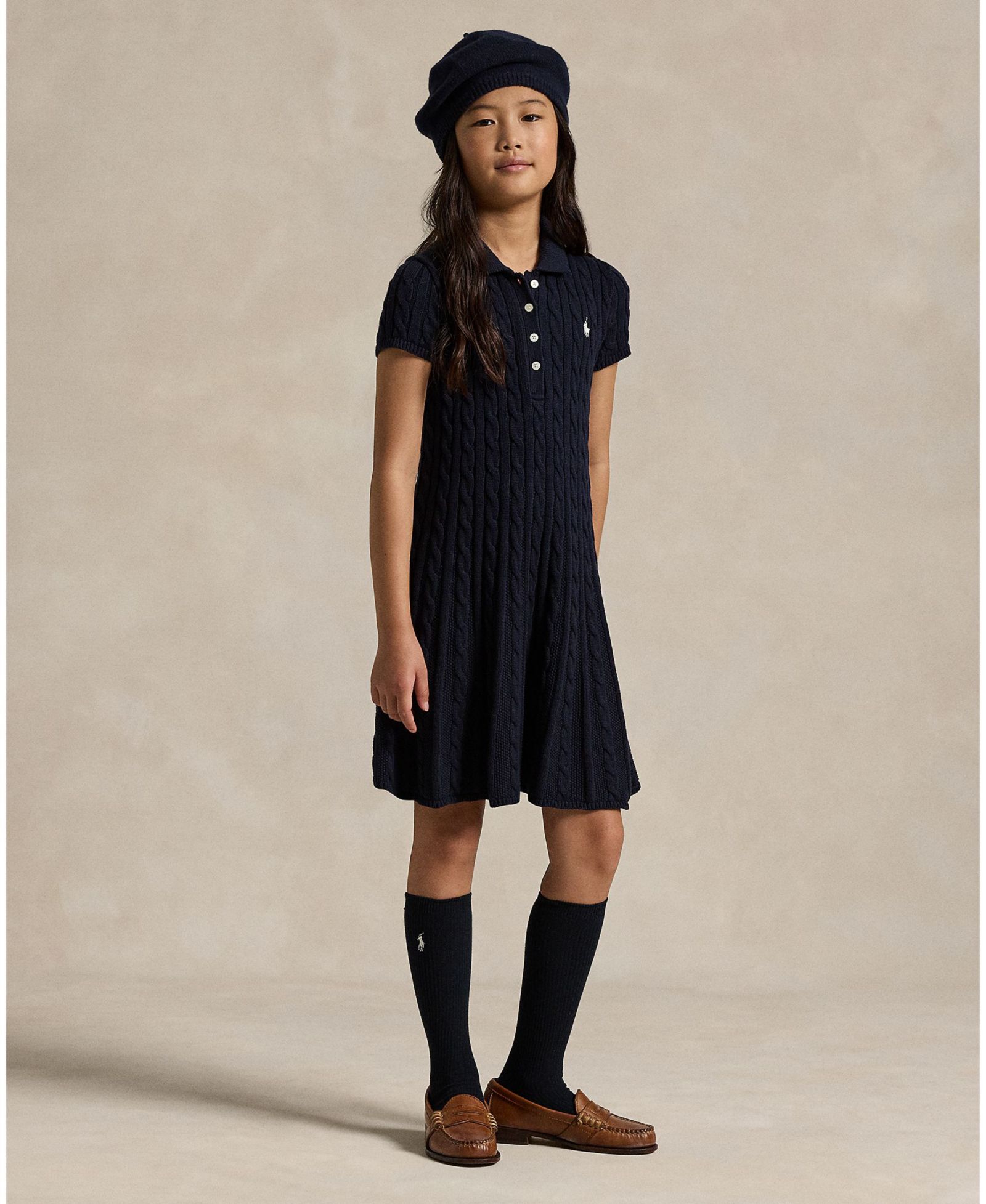 Детское трикотажное поло-платье Polo Ralph Lauren 7-16 с узором в косую вязь