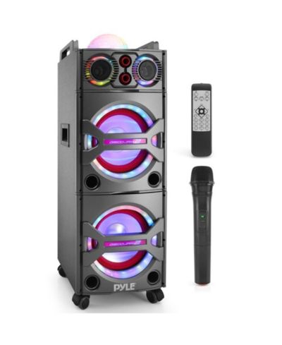 Pyle Bluetooth PA Loudspeaker Karaoke Entertainment System, Active Powered Speaker with Flashing DJ Party Lights