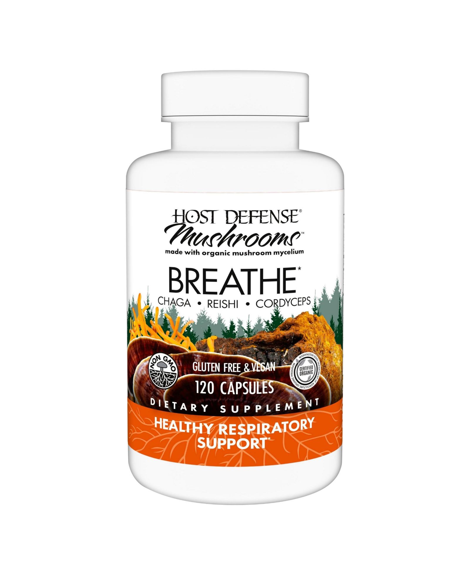 Капсулы Host Defense Breathe — добавка для поддержки иммунитета и дыхания с Chaga, Reishi и Cordyceps