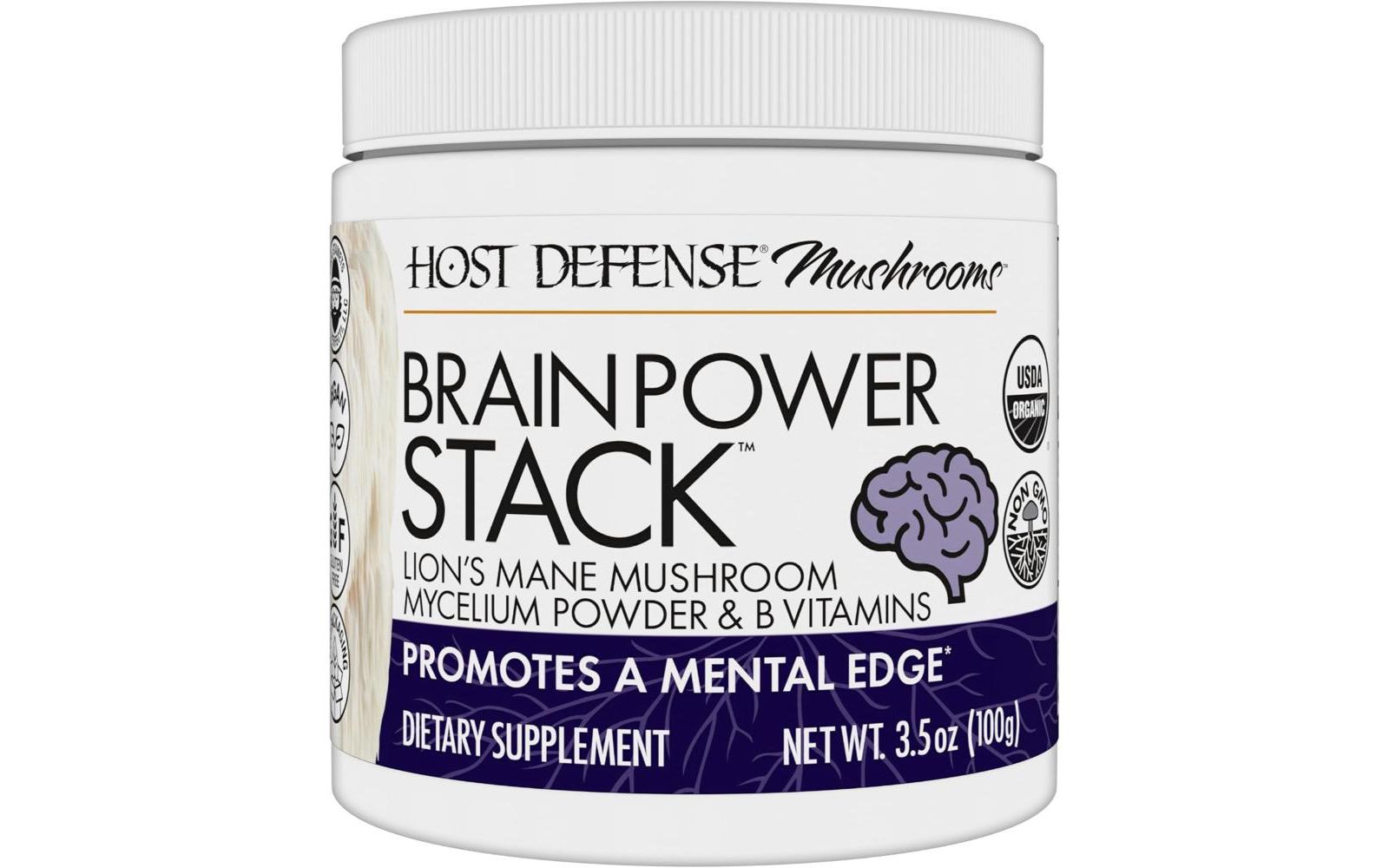 Грибная добавка Host Defense BrainPower Stack Powder с Lion's Mane, Niacin (B3) и Vitamin B12 - 100g