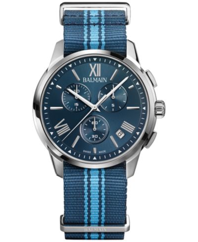 Мужские часы Balmain Swiss Chronograph Madrigal Dark Blue Striped NATO Strap 42mm