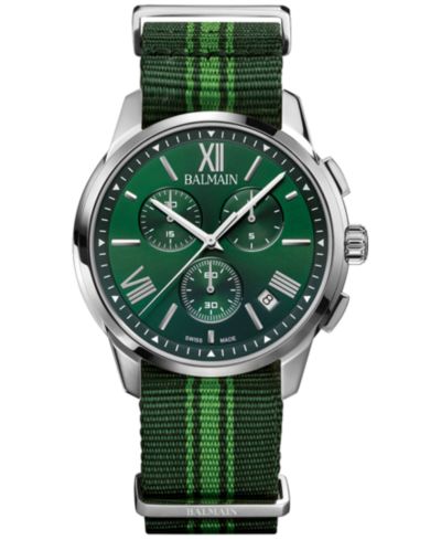 Часы Balmain Men's Swiss Chronograph Madrigal Dark Green Striped NATO Strap 42mm