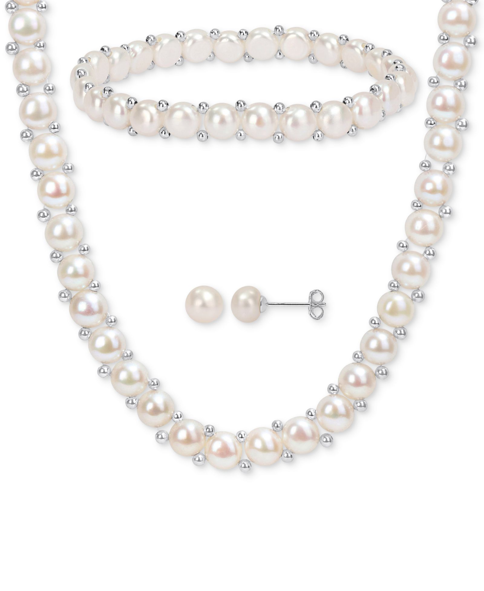 3-Pc. Set Cultured Freshwater Pearl (6-7-1/2mm) Beaded Strand Necklace (17"), Stretch Bracelet & Stud Earrings in Sterling Silver
