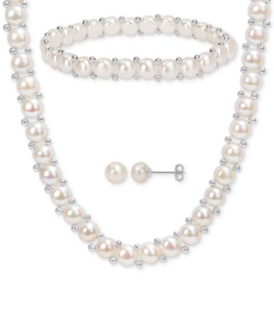 3-Pc. Set Cultured Freshwater Pearl (6-7-1/2mm) Beaded Strand Necklace (17"), Stretch Bracelet & Stud Earrings in Sterling Silver