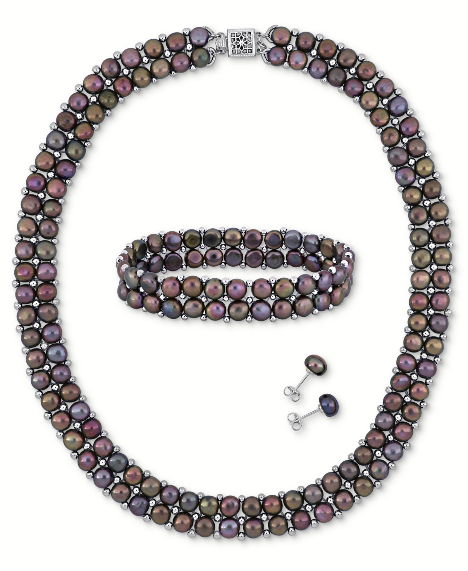 3-Pc. Set Pink Cultured Freshwater Pearl (6-8mm) Beaded Double-Row Strand Necklace, Stretch Bracelet & Stud Earrings in Sterling Silver