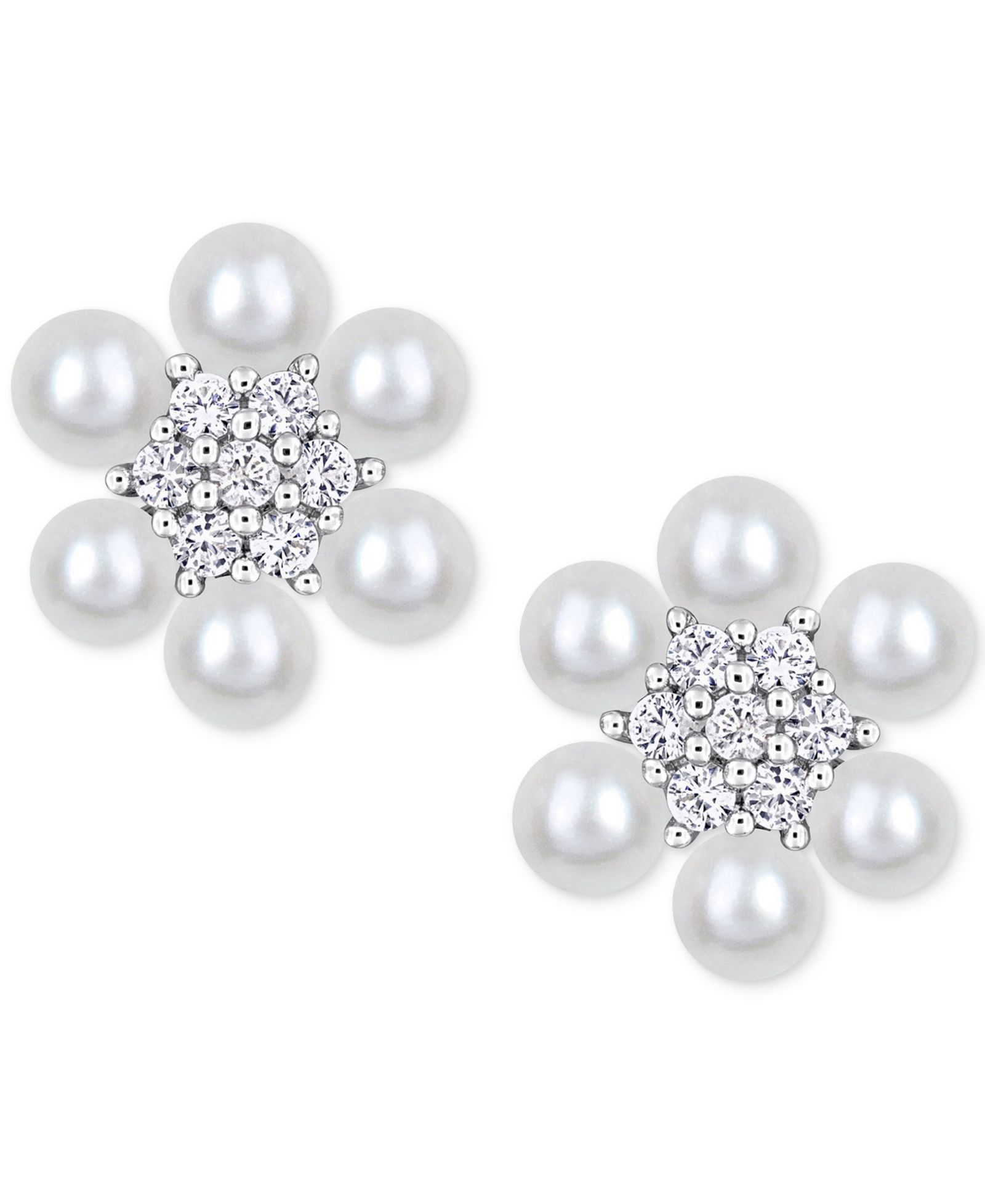 Серьги-гвоздики Macy's Cultured Freshwater Pearl & White Sapphire в серебряной оправе