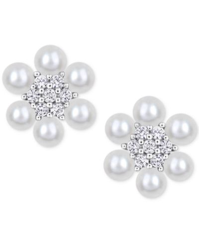 Серьги-гвоздики Macy's Cultured Freshwater Pearl & White Sapphire в серебряной оправе