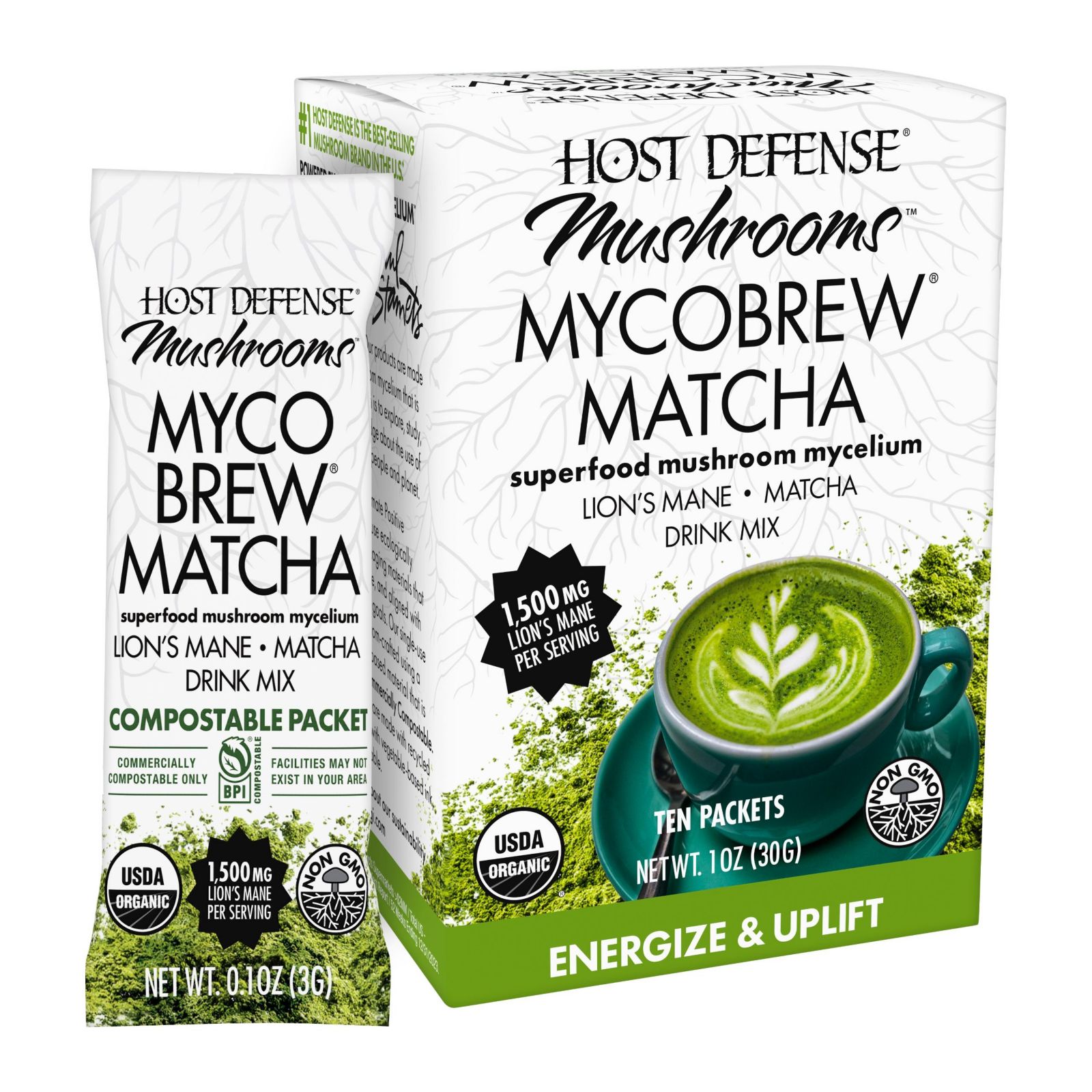 Смесь для напитка Host Defense MycoBrew Matcha с грибом Lion's Mane, 10 пакетиков