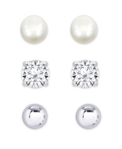 Набор сережек-гвоздиков Lily Nily Girls Freshwater Pearl & CZ, 3 пары, Sterling Silver