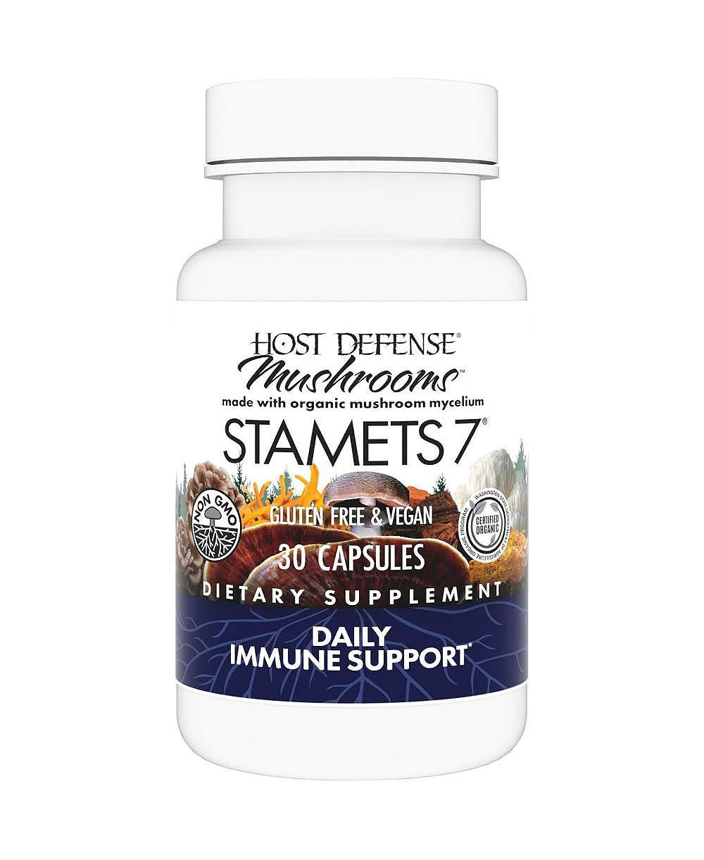 Host Defense Stamets 7 — смесь из 7 видов грибов, добавка для поддержки иммунитета с Royal Sun Blazei, Cordyceps и др., 30 капсул (15 порций)